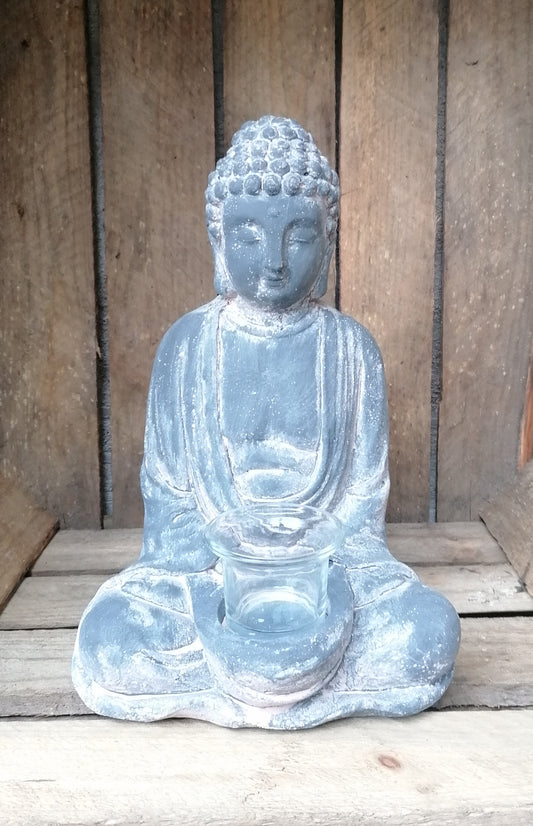 NEU !! Buddha mit Teelichtglas ca. 28 cm hoch aus Beton / Zement Dekoration Skulptur Figur Buddhismus Indien Religion Statue