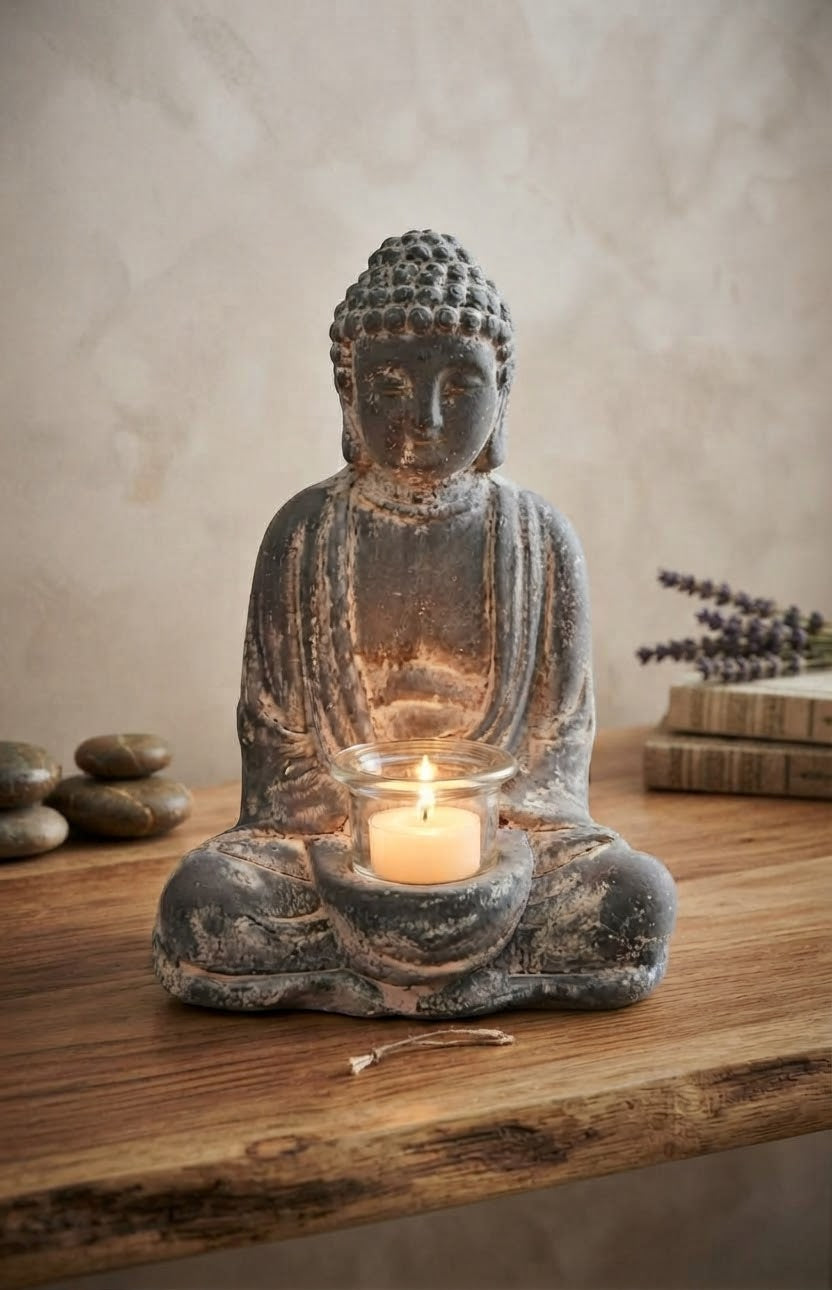 NEU !! Buddha mit Teelichtglas ca. 28 cm hoch aus Beton / Zement Dekoration Skulptur Figur Buddhismus Indien Religion Statue