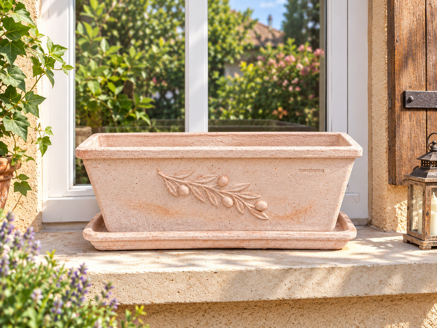 Hochwertiger original italienischer Blumenkasten mit Olivenranke ca. 50 cm breit aus Terracotta, Pflanztopf, Balkonkasten