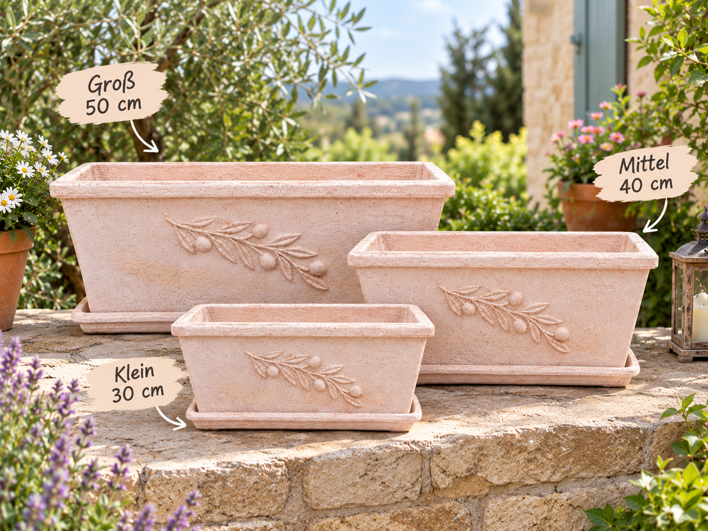 Hochwertiger original italienischer Blumenkasten mit Olivenranke ca. 50 cm breit aus Terracotta, Pflanztopf, Balkonkasten