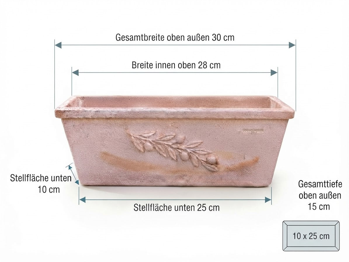 Original italienischer hochwertiger Blumenkasten mit Olivenzweig ca. 30 cm breit aus Terracotta, Pflanztopf, Balkonkasten