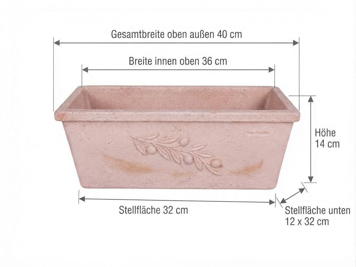 Hochwertiger original italienischer Blumenkasten mit Olivenranke ca. 40 cm breit aus Terracotta, Pflanztopf, Balkonkasten