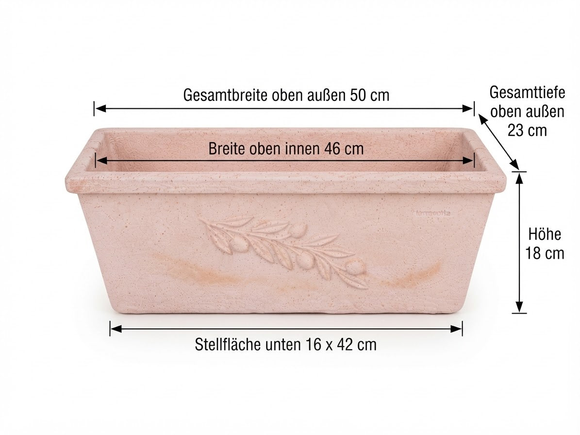 Hochwertiger original italienischer Blumenkasten mit Olivenranke ca. 50 cm breit aus Terracotta, Pflanztopf, Balkonkasten