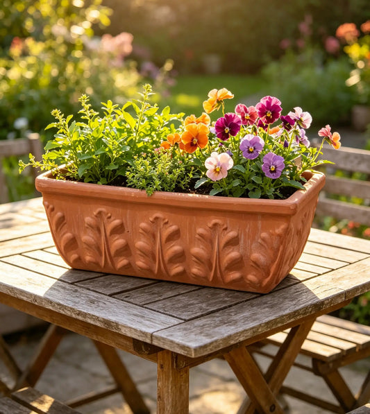 Orig. ital. Blumenkasten mit Dekor 42 cm breit aus Terracotta, Pflanztopf, Balkonkasten, Pflanzkasten, Terrakotta, Garten ,