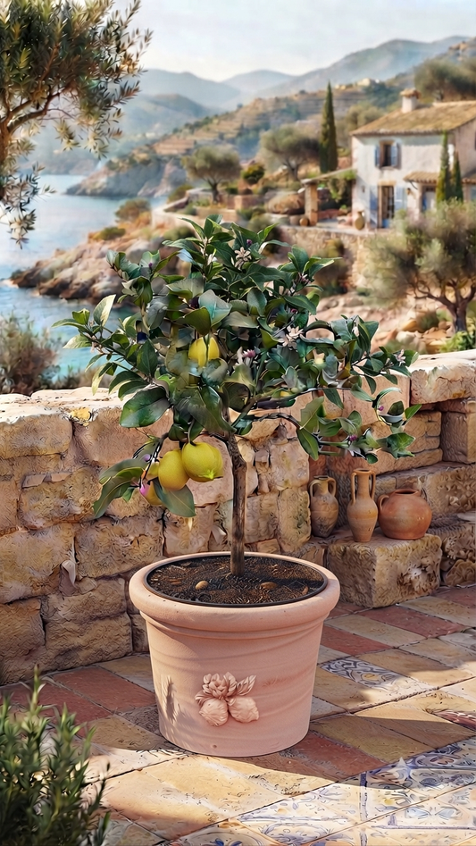 Hochwertiger italienischer Blumentopf ø ca. 29 cm mit einem Zitronenzweig aus Terracotta, Pflanztopf