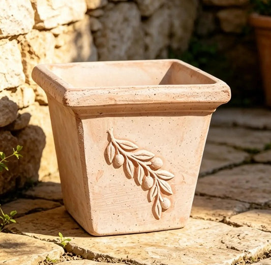 Blumentopf quadratisch ca. 25 cm breit mit Olivendekor aus Terracotta, Pflanztopf
