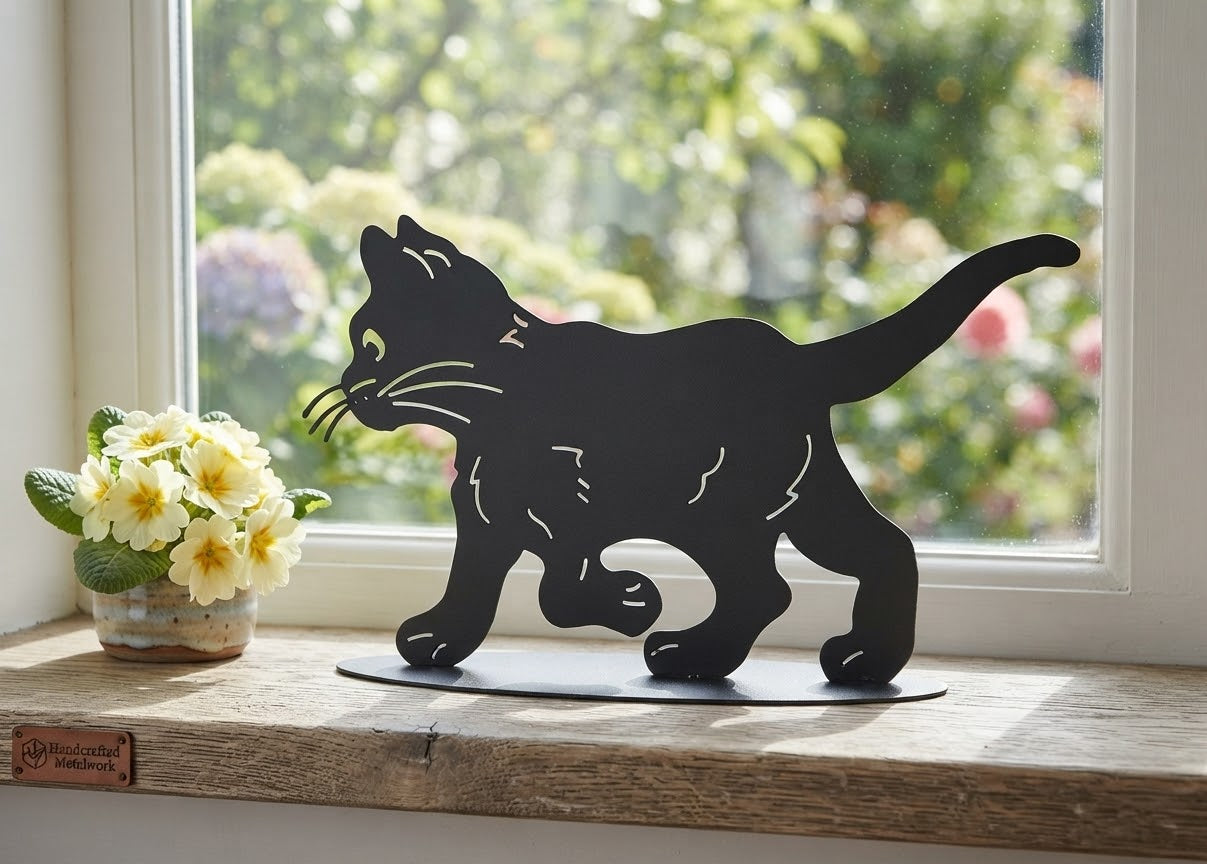 Dekorative schwarze Katzen - Silhouette 35 cm breit aus Metall - Handgefertigte Deko - Figur für Fensterbank Wohnzimmer und Garten