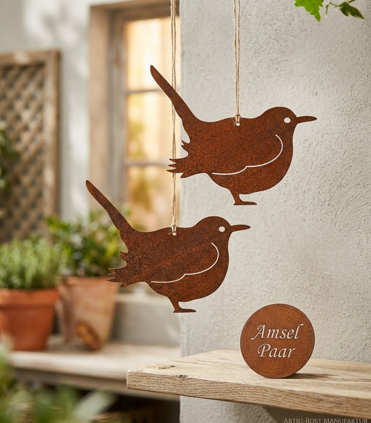 Neu !! 2er Set Anhänger Vögel / Amseln je ca. 15 cm x 17 cm aus Metall in Edelrost Herbst Garten Windspiel