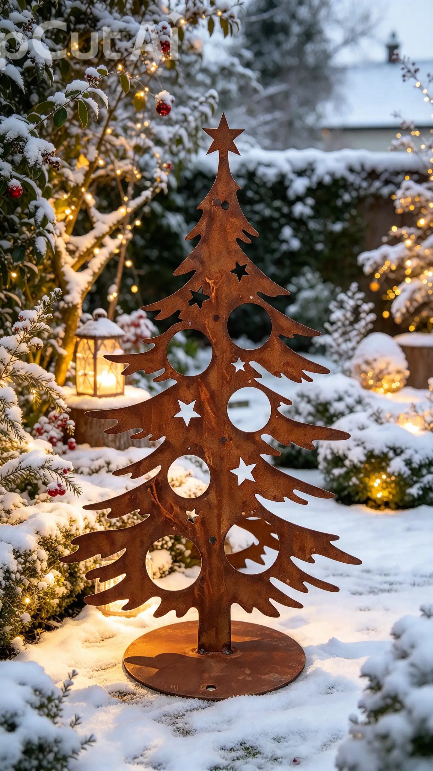 Edelrost Tannenbaum mit Standfuß und kreisrunden Aussparungen für Kugeln 70 cm Weihnachtsdeko Advent Weihnachtsbaum Weihnachten