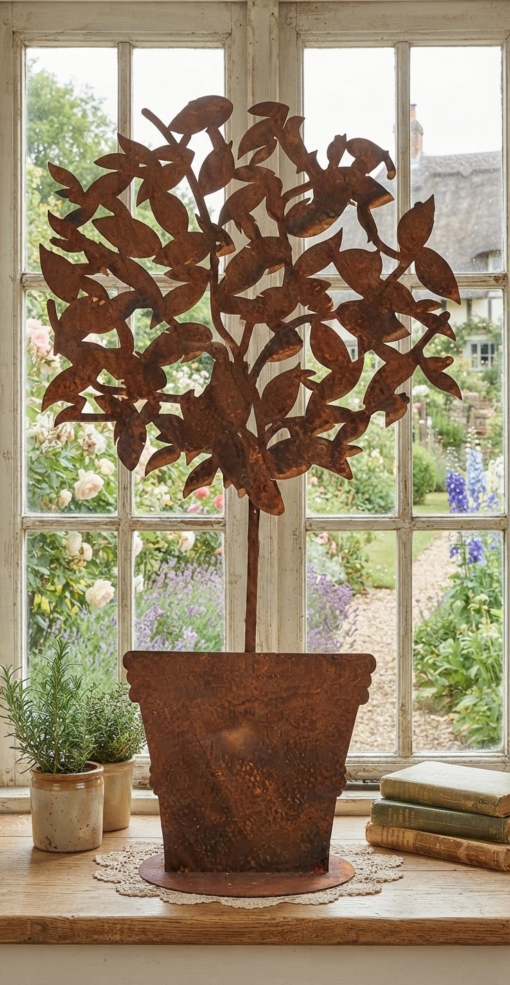 NEU !! Großes Bäumchen im Topf ca. 63 cm hoch aus Metall in Edelrost Dekoration Herbst Frühling Fenster