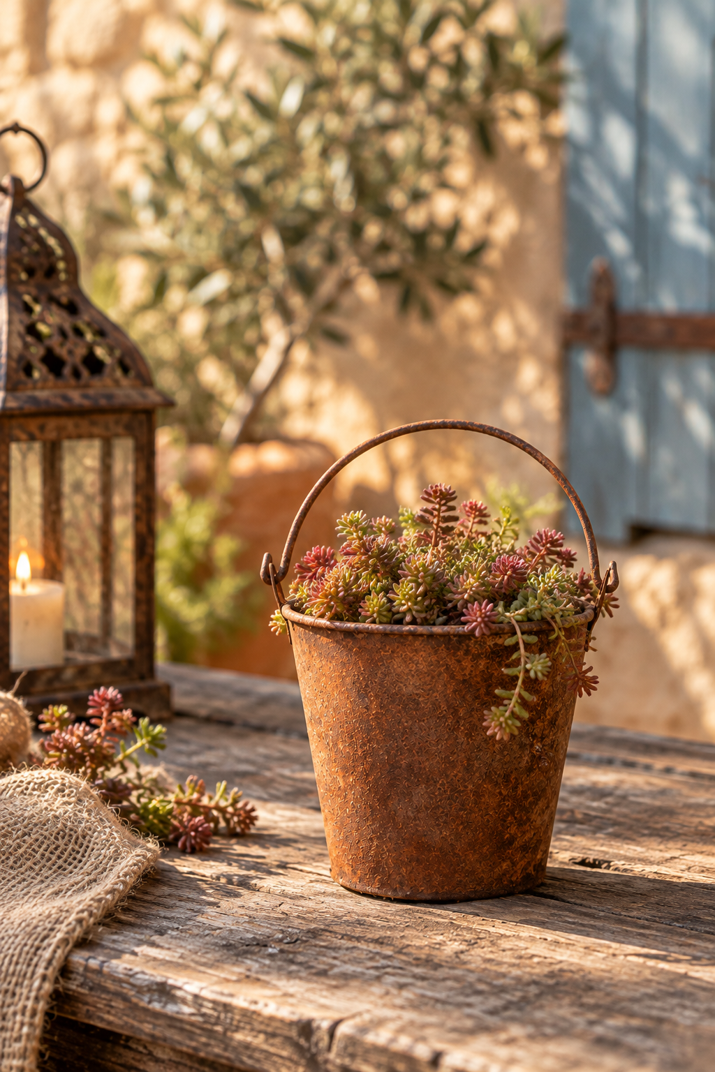 Schöner kleiner Deko - Eimer 15 cm hoch aus Metall in Edelrost Vintage Pflanztopf Sukkulenten Kakteen Sedum