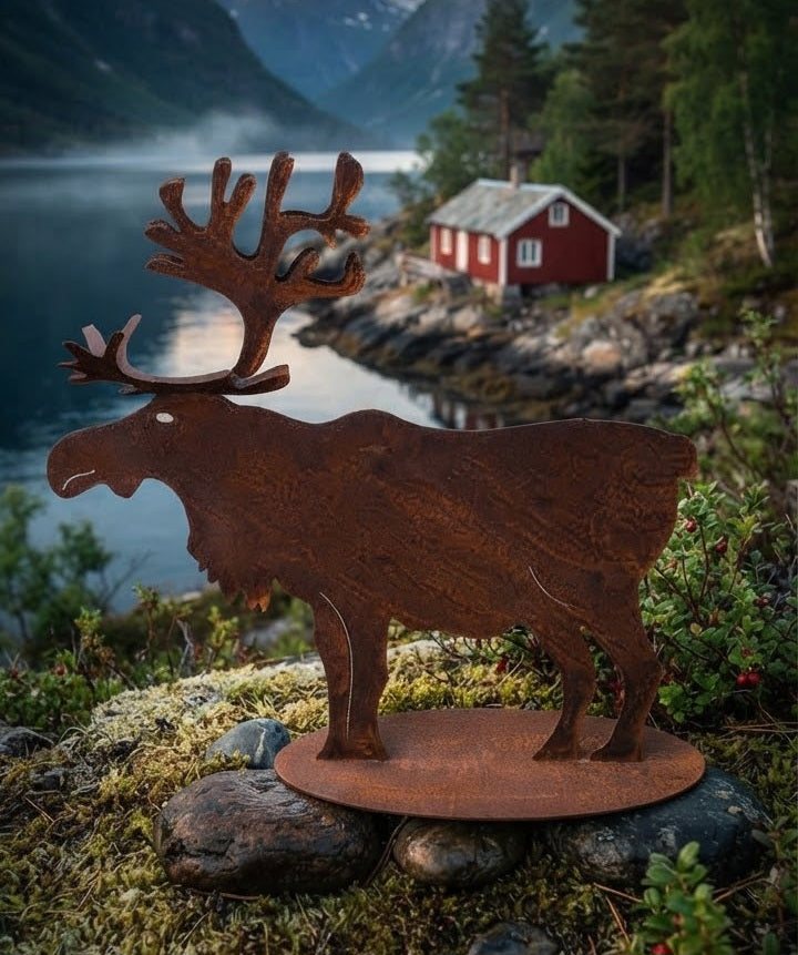 Detailgetreuer Elch Rentier 40 cm hoch aus Metall in Edelrost, Weihnachtsdeko Garten Tier Wald