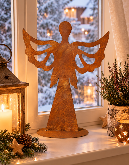 Deko Engel mit Flügeln 50 cm aus Metall in Edelrost, Weihnachtsdeko Advent Trauer Grab Beerdigung