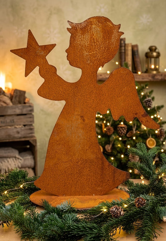 NEU !! Engel mit Stern und Flügel ca. 31 cm hoch aus Metall in Edelrost, Weihnachtsdeko Advent Trauer