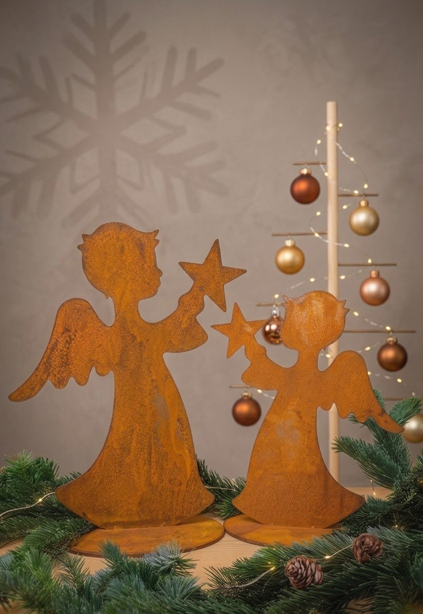 NEU !! Engel mit Stern und Flügel ca. 50 cm hoch aus Metall in Edelrost, Weihnachtsdeko Advent Trauer