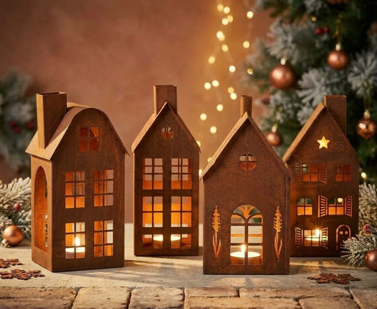 NEU !! 4er Set Windlichthäuser je ca. 26 cm hoch aus Metall in angesagter Rostoptik Deko Weihnachtsdeko Windlichter Advent Fensterschmuck Deko Rost Kerzenhalter