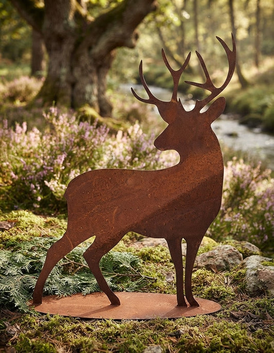 NEU !! Großer Hirsch ca. 70 cm hoch auf Platte, standfest und robust aus Metall in Edelrost Weihnachten Deko Wald Geweih Försterei