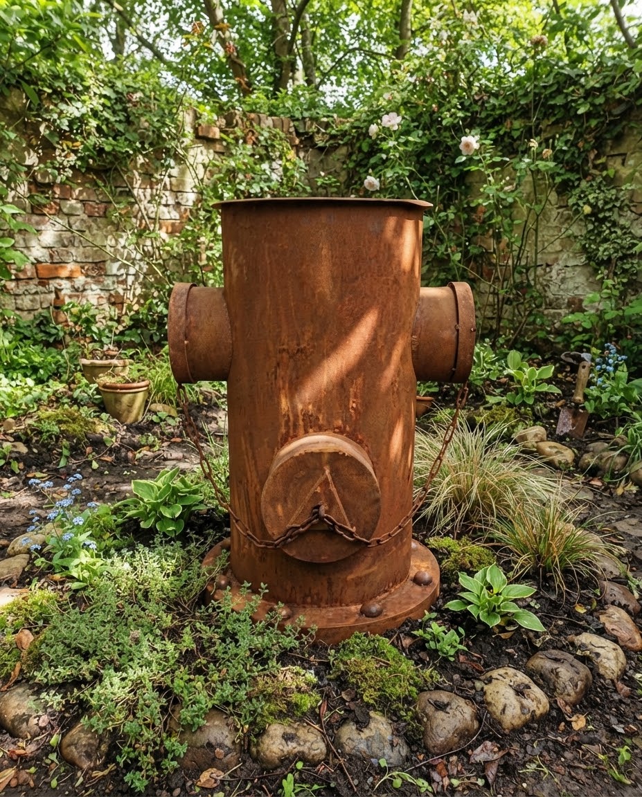 Detailgetreuer großer sehr dekorativer Hydrant 65 cm hoch aus Metall mit Rost - Patina im Vintage / Industriallook , Bepflanzbar Blumenkübel Pflanzsäule Vorgarten