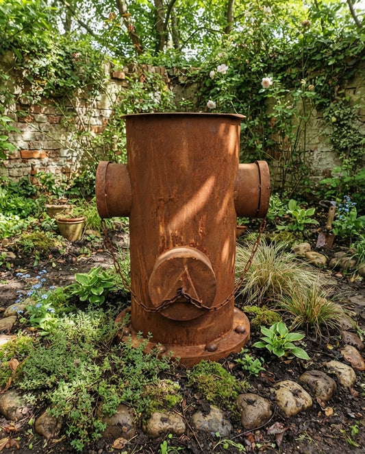 Detailgetreuer großer sehr dekorativer Hydrant 65 cm hoch aus Metall mit Rost - Patina im Vintage / Industriallook , Bepflanzbar Blumenkübel Pflanzsäule Vorgarten