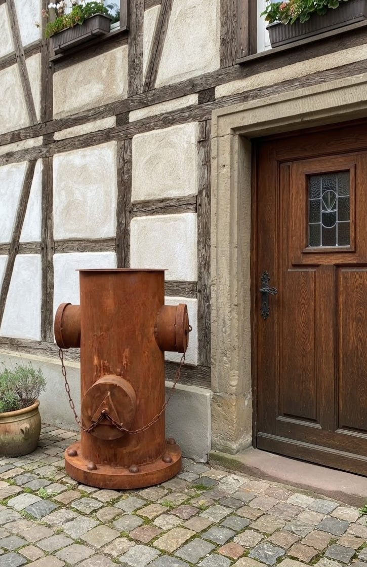Detailgetreuer großer sehr dekorativer Hydrant 65 cm hoch aus Metall mit Rost - Patina im Vintage / Industriallook , Bepflanzbar Blumenkübel Pflanzsäule Vorgarten