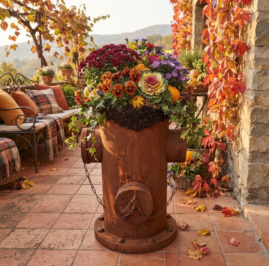 Detailgetreuer großer sehr dekorativer Hydrant 65 cm hoch aus Metall mit Rost - Patina im Vintage / Industriallook , Bepflanzbar Blumenkübel Pflanzsäule Vorgarten