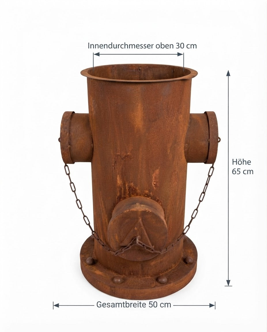 Detailgetreuer großer sehr dekorativer Hydrant 65 cm hoch aus Metall mit Rost - Patina im Vintage / Industriallook , Bepflanzbar Blumenkübel Pflanzsäule Vorgarten