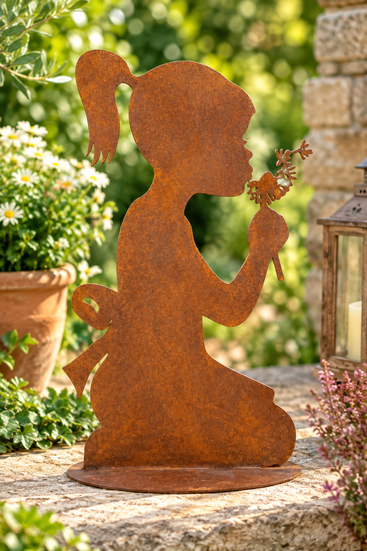 Schönes Deko - Mädchen mit Pusteblume ca. 36 cm hoch aus Metall in Edelrost Fensterdeko Deko