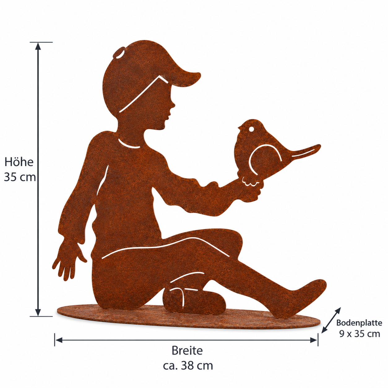 Cooler Deko - Junge mit Vogel ca. 35 cm hoch aus Metall in Edelrost Fensterdeko Deko
