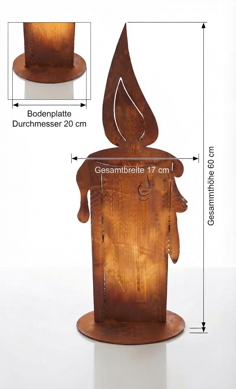 Sehr dekorative standfeste Kerze ca. 60 cm hoch aus Metall in Edelrost mit Flamme Weihnachten Advent Trauer Beerdigung