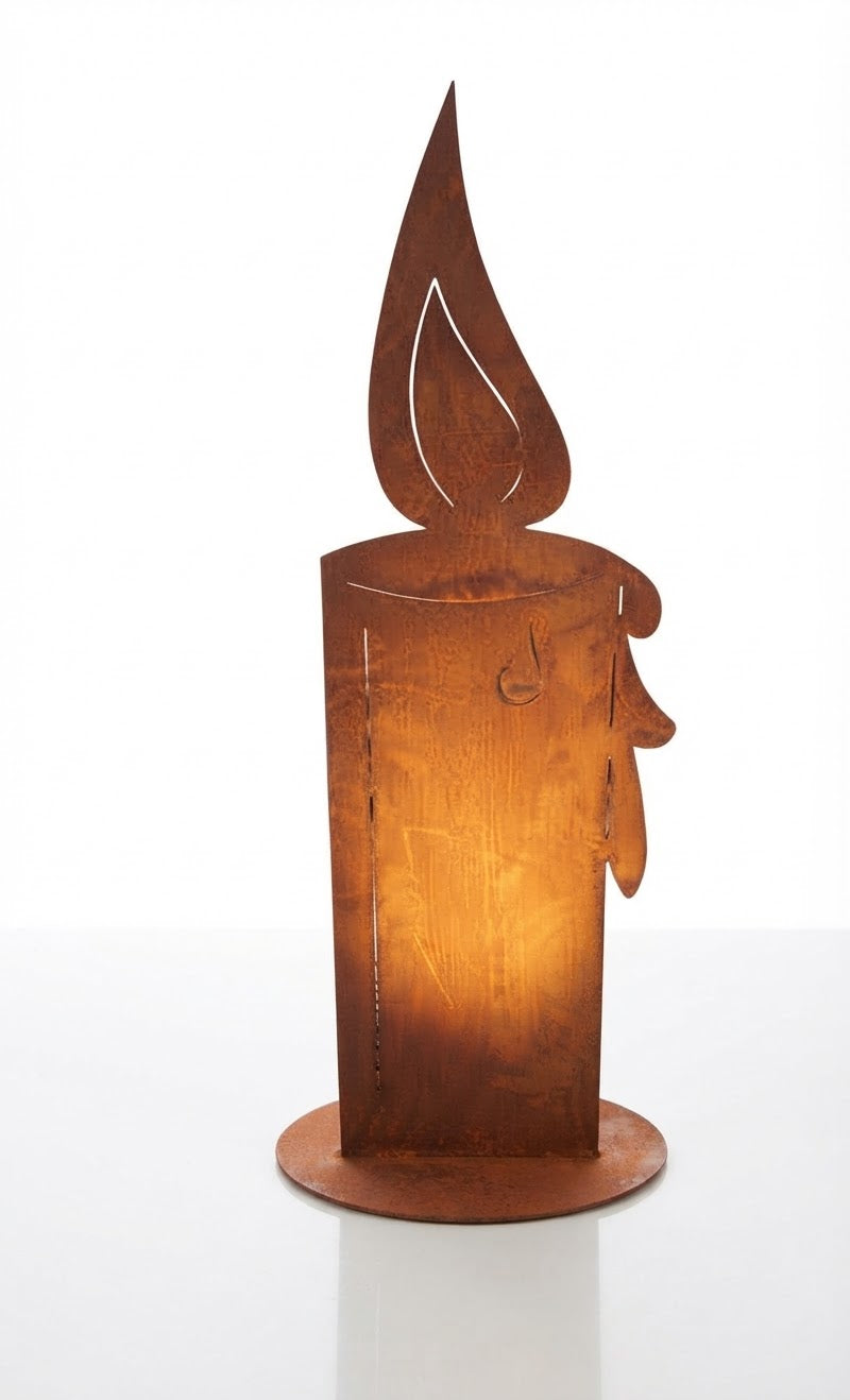 Sehr dekorative standfeste Kerze ca. 60 cm hoch aus Metall in Edelrost mit Flamme Weihnachten Advent Trauer Beerdigung