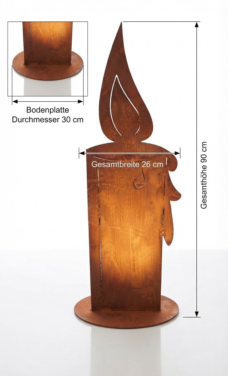 Sehr dekorative standfeste Kerze ca. 90 cm hoch aus Metall in Edelrost mit Flamme Weihnachten Advent