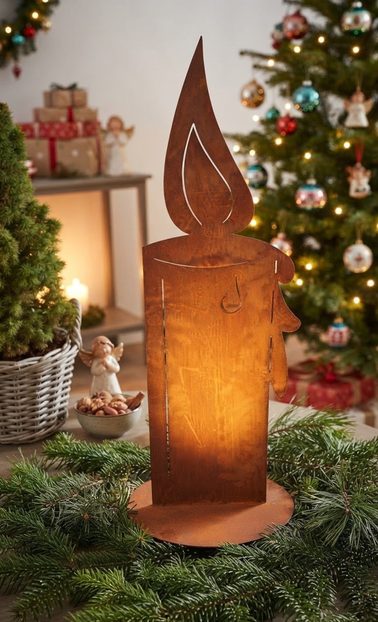 Sehr dekorative standfeste Kerze ca. 60 cm hoch aus Metall in Edelrost mit Flamme Weihnachten Advent Trauer Beerdigung