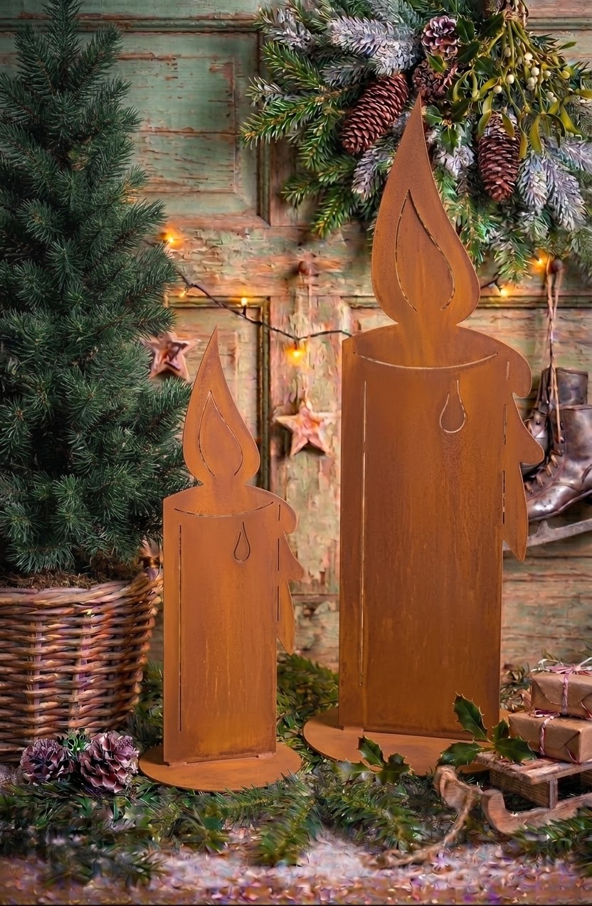 Neu !! 2er Set sehr dekorative standfeste Kerzen ca. 60 cm und 90 cm hoch aus Metall in Edelrost mit Flamme Weihnachten Advent Trauer Beerdigung