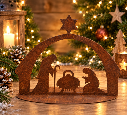 NEU !! Krippe 40 cm breit aus Metall in Edelrost Fensterdeko Weihnachten Advent Deko Kirche Glaube
