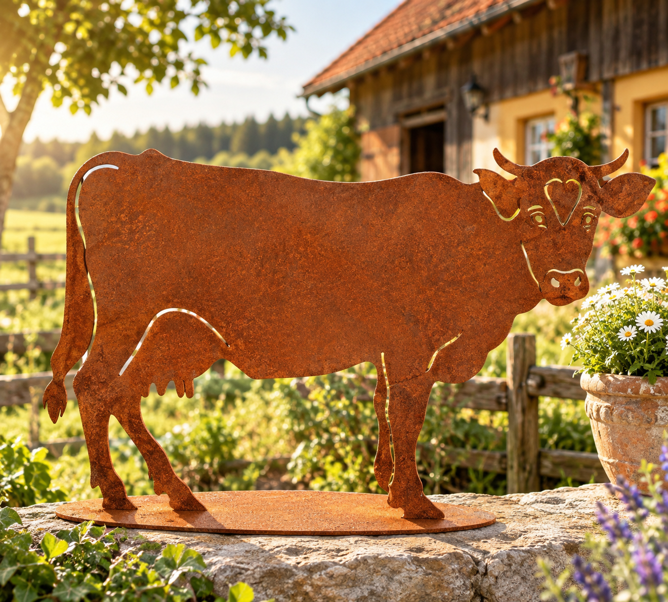 NEU !!! Große Kuh ca. 63 x 42 cm aus Metall in Edelrost Bauernhof Deko Garten Haustiere Rost