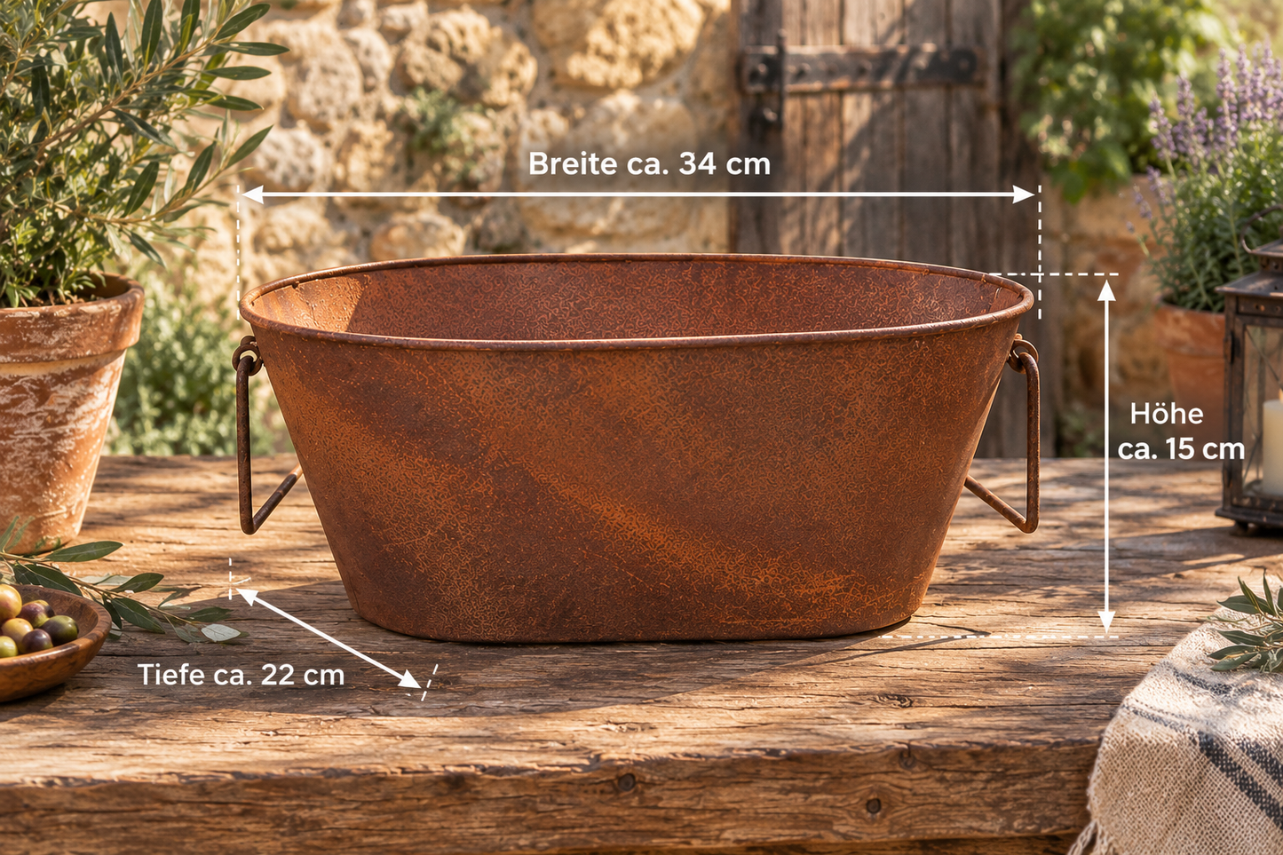 Pflanzwanne /  Pflanztrog mit 2 Henkel ca. 34 cm breit aus Metall in Edelrost Pflanzgefäß Blumentopf