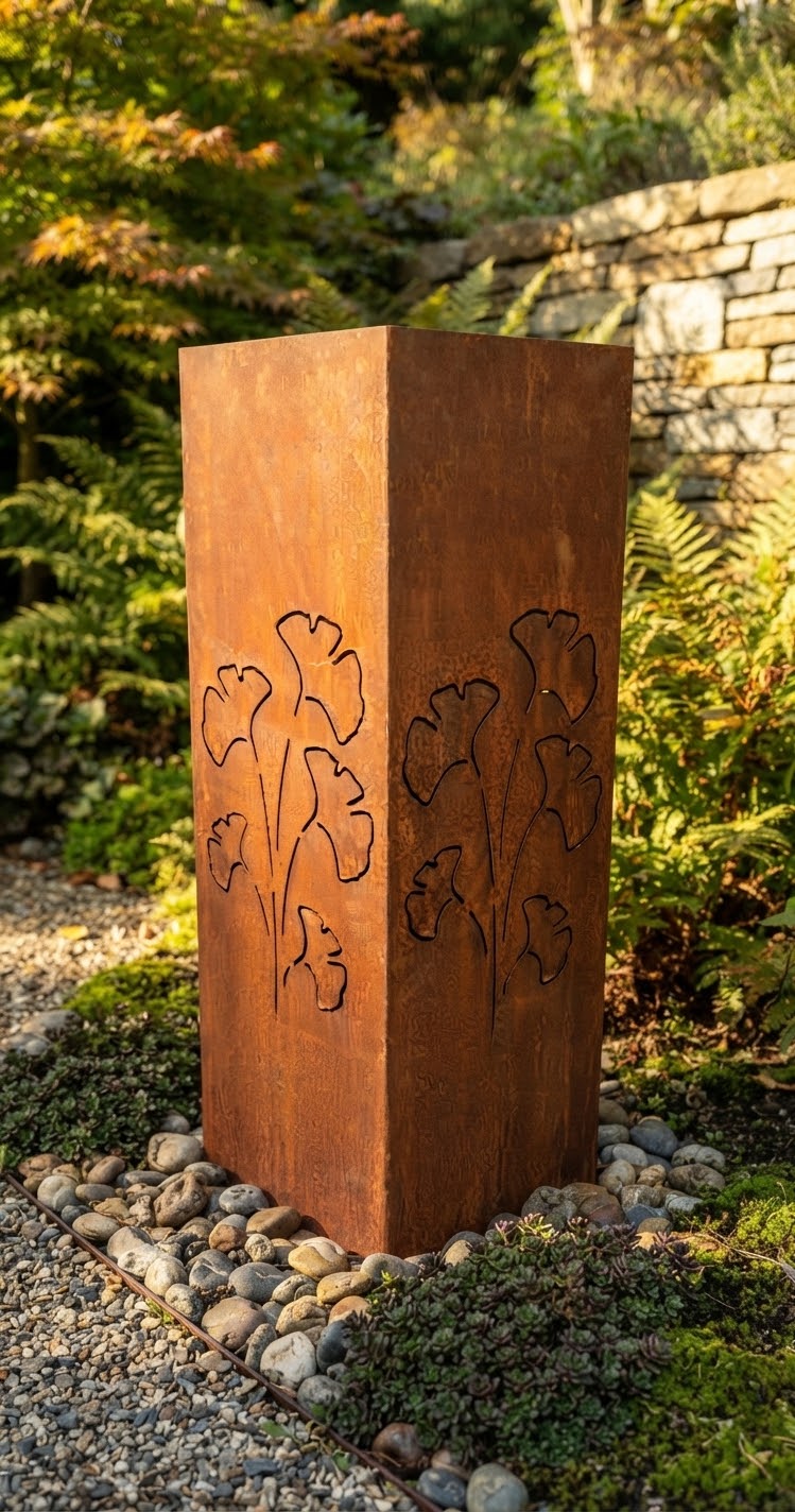 Neu !! Säule / Schalenständer 80 cm hoch mit Ginkoblätter aus Metall in Edelrost