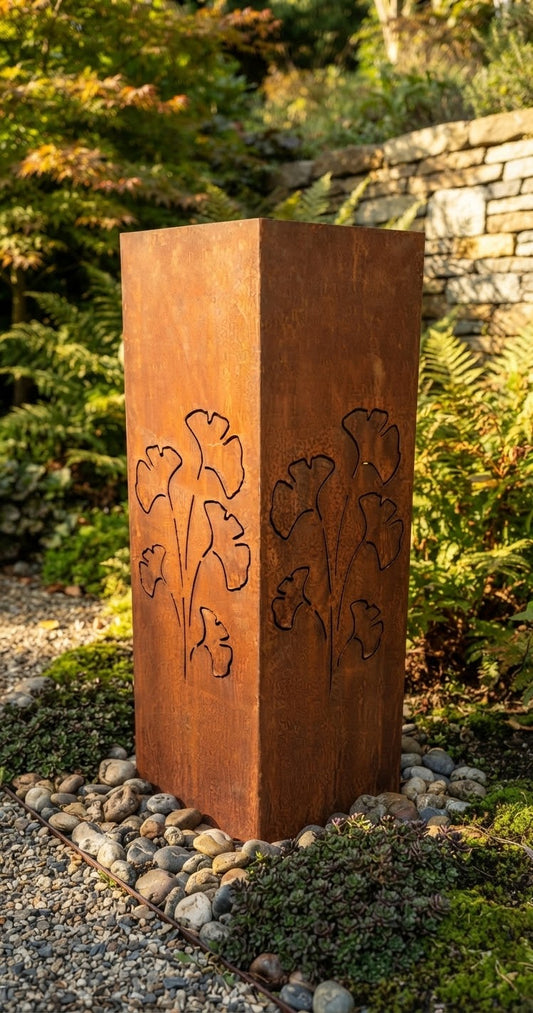 Sehr dekorative Säule / Schalenständer 80 cm hoch mit Ginkoblätter aus Metall in Edelrost