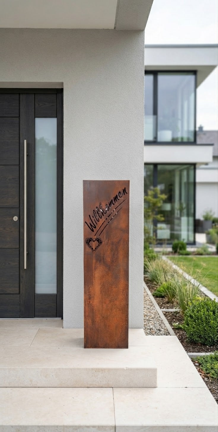 Neu !! Säule / Schalenständer 110 cm hoch mit Schriftzug "Willkommen" und Herz aus Metall in Edelrost Deko Haustür