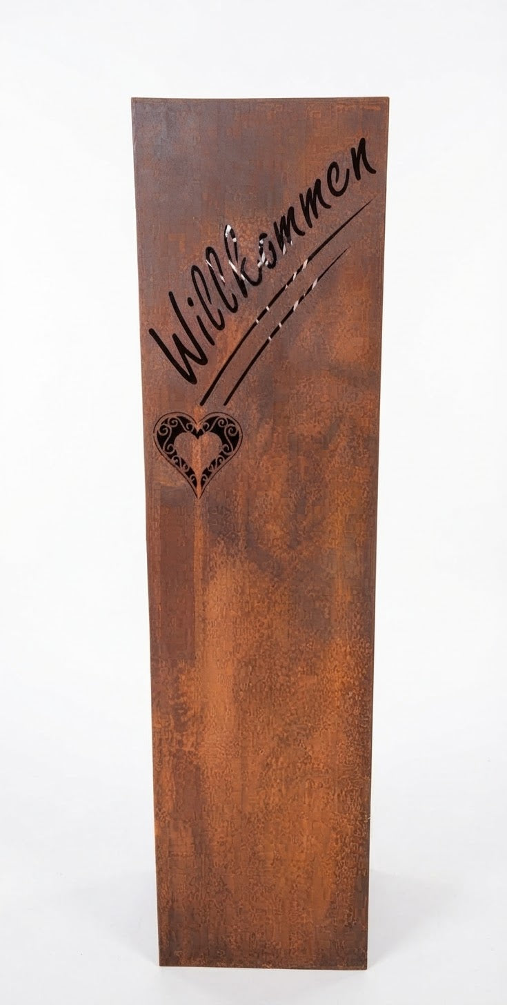 Neu !! Säule / Schalenständer 110 cm hoch mit Schriftzug "Willkommen" und Herz aus Metall in Edelrost Deko Haustür