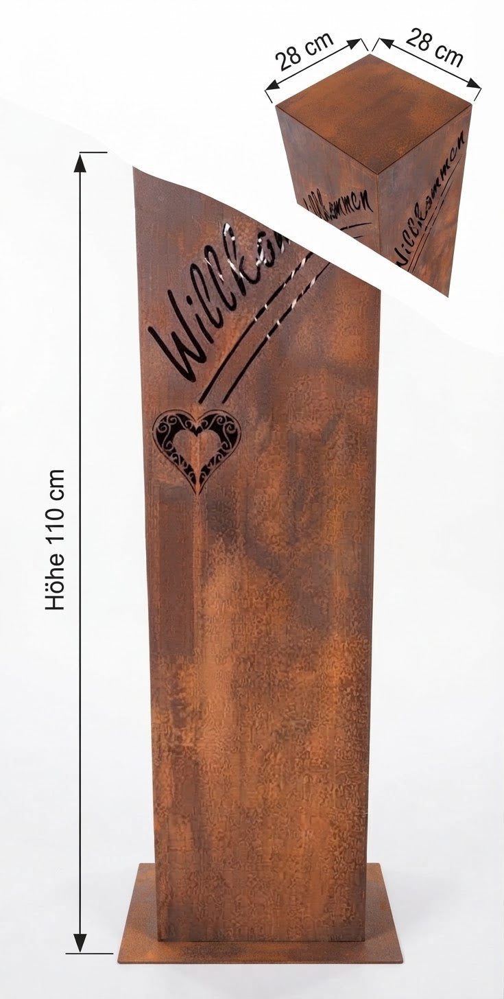 Neu !! Säule / Schalenständer 110 cm hoch mit Schriftzug "Willkommen" und Herz aus Metall in Edelrost Deko Haustür