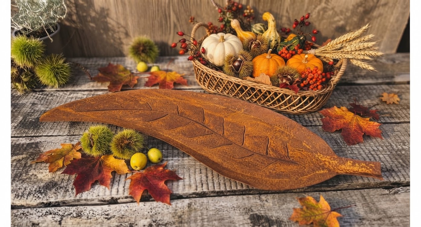 Schale Blatt 54 cm lang aus Metall in Edelrost Herbst Deko