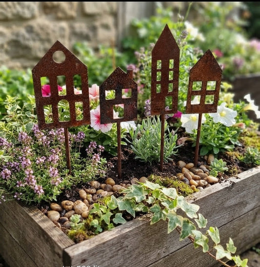 NEU !! Schönes 4er Set Gartenstecker - Rankhilfe -  Häuser aus Metall in Edelrost Deko Figur Garten Blumenstecker