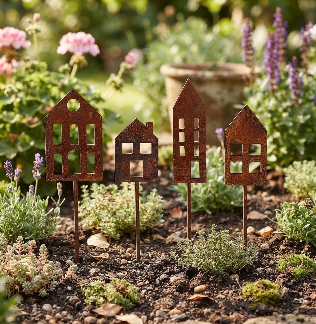NEU !! Schönes 4er Set Gartenstecker - Rankhilfe -  Häuser aus Metall in Edelrost Deko Figur Garten Blumenstecker