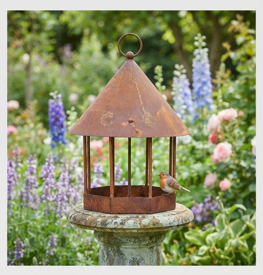 Schönes robustes Vogelhaus zum Hängen oder Stellen  ca. 30 cm hoch aus Metall in Edelrost