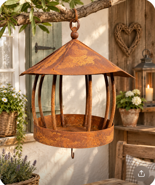 Schönes stabiles Vogelhaus zum Hängen ca. 25 cm hoch aus Metall in Edelrost