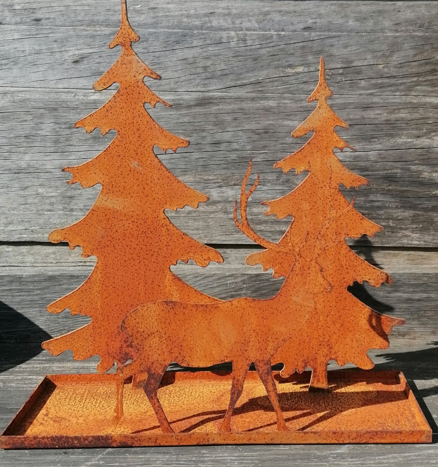NEU !! Hirsch im Wald ca. 33 cm breit aus Metall in Edelrost in 3D-Optik Weihnachten Deko Tannenbaum Weihnachtsbaum Teelichthalter Kerzenständer Wald Jagd