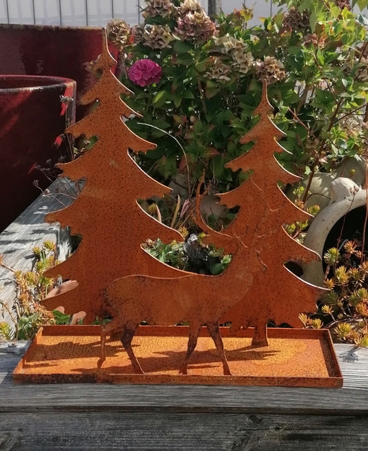 NEU !! Hirsch im Wald ca. 33 cm breit aus Metall in Edelrost in 3D-Optik Weihnachten Deko Tannenbaum Weihnachtsbaum Teelichthalter Kerzenständer Wald Jagd