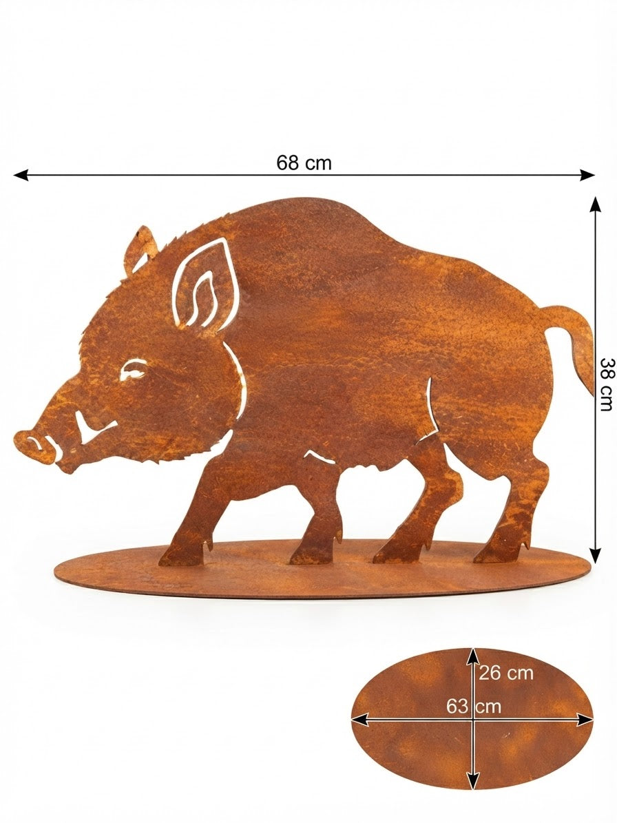 NEU !! Großes Wildschwein ca. 68 cm breit auf Platte, standfest und robust aus Metall in Edelrost Weihnachten Deko Wald Geweih Försterei Tier