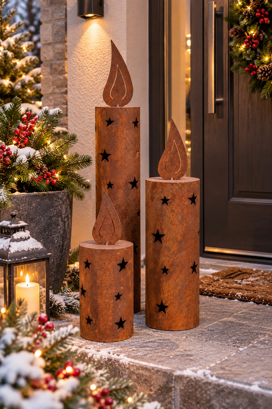 3 er Set Windlichtkerzen mit Sternen 35 + 50 + 70 cm hoch mit Flamme aus Metall in Edelrost Deko Weihnachten Deko Advent Haustür Balkon Garten